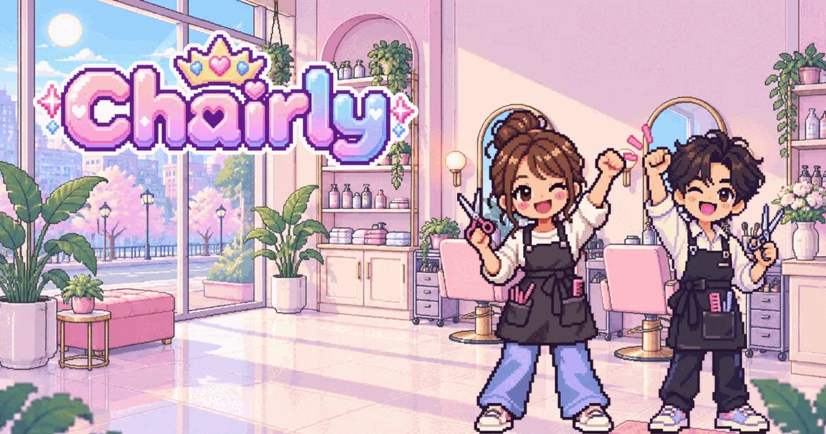 Chairly — サロンで働く、みんなのレベルアップアプリ。ピンクのサロンを背景に、ハサミを持った美容師アシスタントのドット絵キャラクターとChairlyのロゴ